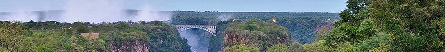 A panorama of the Zambezi gorge with the bridge at its centre.